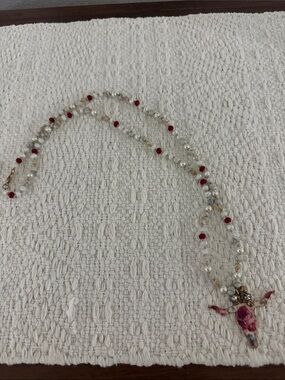 Beaded Crystal and Red Accent Women's Necklace with Floral Bull
